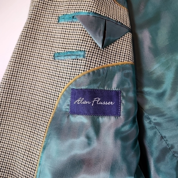 ALAN Flusser 44L Brown Houndstooth 2-Button Blazer Sport Coat Suit Jacket Silk - Picture 5 of 12